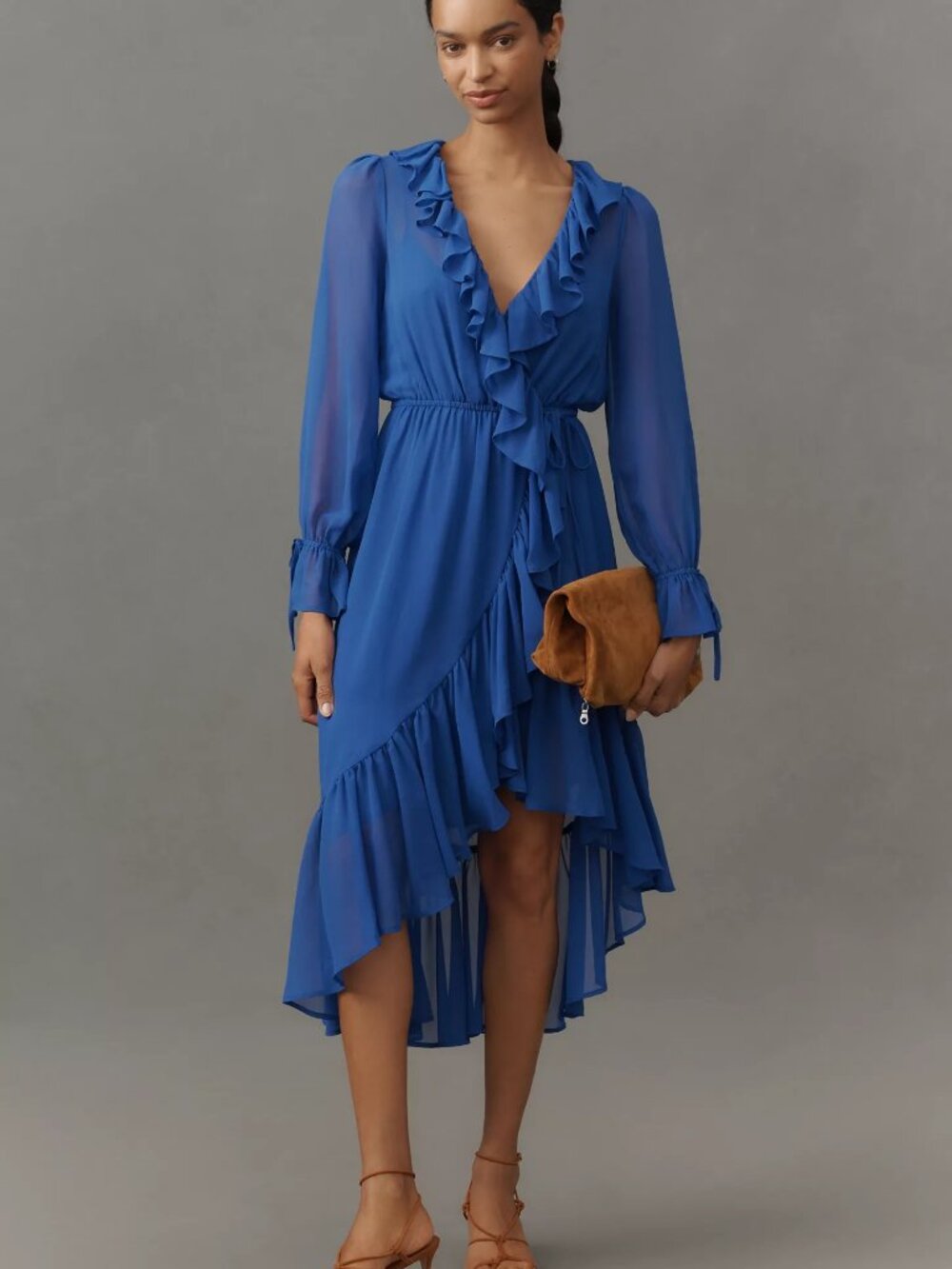 By Anthropologie Long-Sleeve Ruffled Asymmetric Midi Dress size M blue new nwt